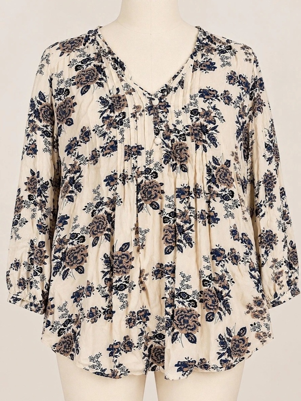 Fun2Fun XL Cream Navy Floral Rayon Blouse Pintuck V Neck Long Sleeve Boho